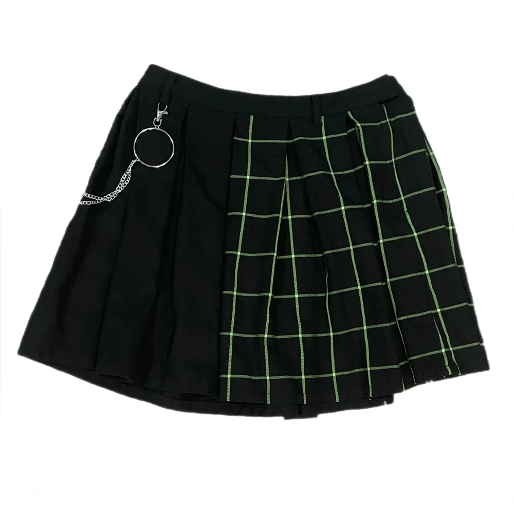 Hot Topic Pleated Mini Green And Black Grid Chain Skirt Goth Punk Emo Alt Size M - Picture 2 of 7